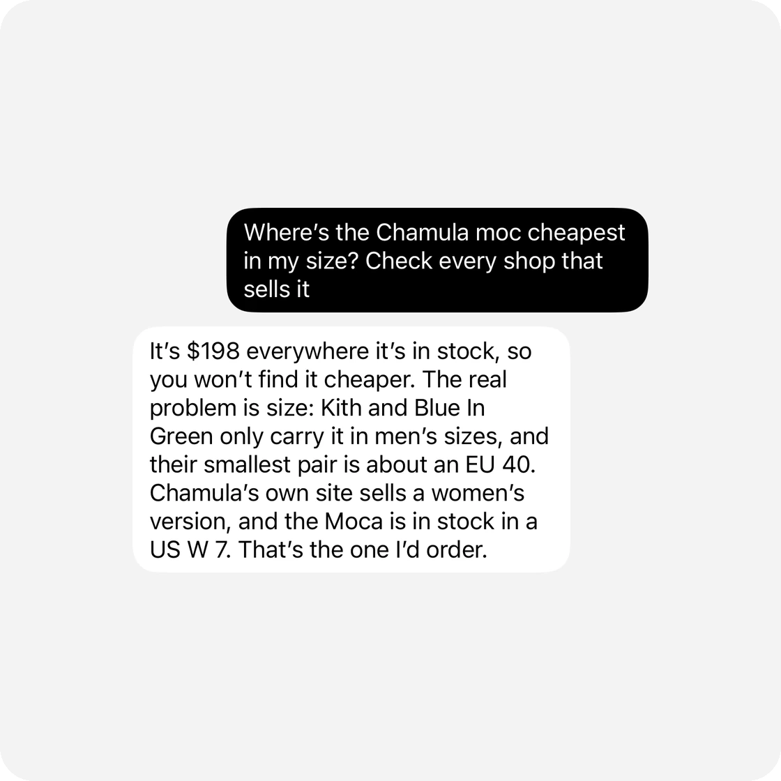 You ask where the Chamula moc is cheapest in your size; Soho says it’s $198 everywhere it’s in stock, and the real problem is size: two shops only carry men’s sizes, so it points you to Chamula’s own women’s version in a US W 7.